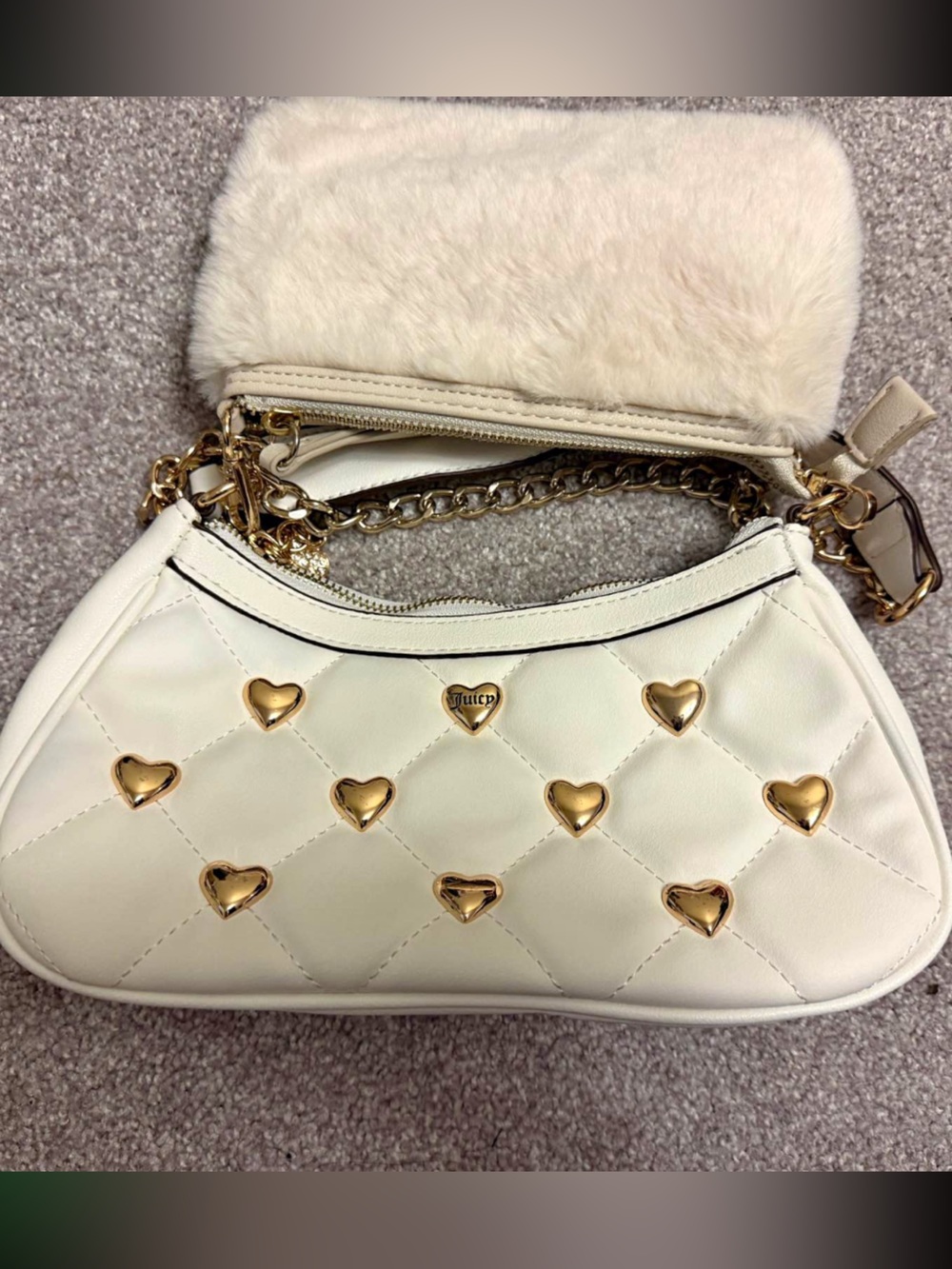 Juicy Couture Quilted White Heart-Accent Shoulder Bag with Faux Fur Pouch